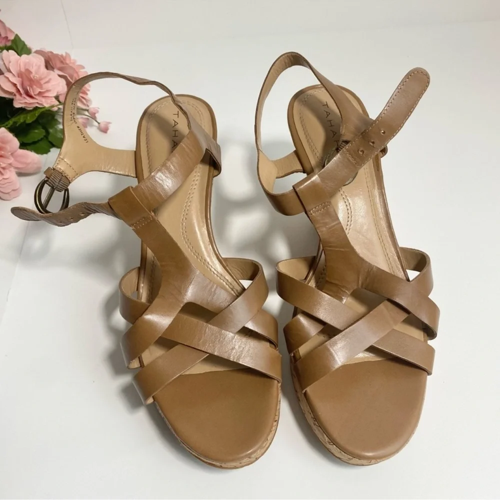 Tahari Sarah Brown Leather Strappy Wedge Sandals